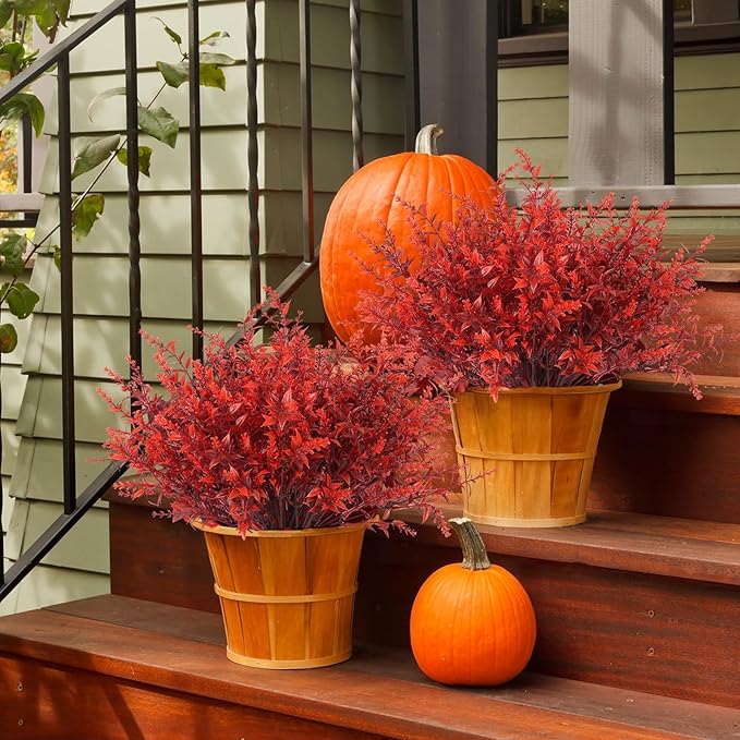 RECUTMS Artificial Fall Flowers Bulk Fall Lavender Fake Plants Artificial Greenery Faux Plants Outdoor Deals 36 Bundles Faux Autumn Plant Fake Shrubs for Indoor Bookshelf Yard Decorations (Wine Red)