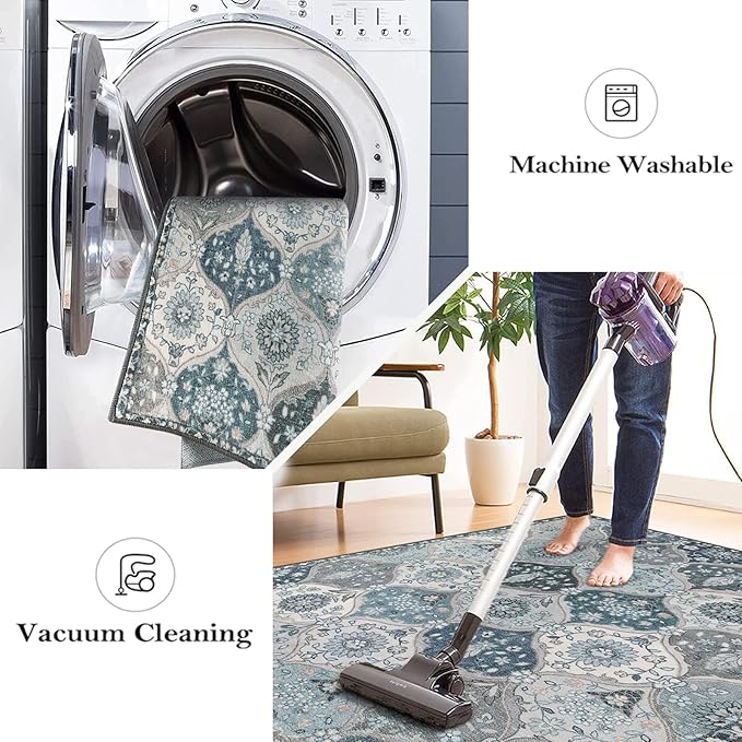 Lahome Moroccan Trellis Washable Runner Rug, 2x6 Runners for Hallways 6 Feet Non Slip Vintage Laundry Room Rug Vintage Ultra-Thin Long Carpet for Kitchen Bedroom, Blue