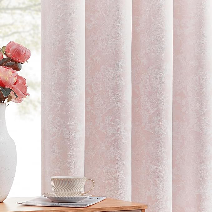 Beauoop Pink Floral Jacquard Blackout Curtains 63 Inches Long 2 Panels for Bedroom Living Room Chenille Flower Room Darkening Thermal Insulated Soundproof Grommet Window Treatments Drapes, 52x63