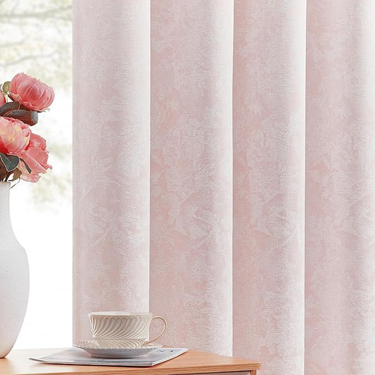Beauoop Pink Floral Jacquard Blackout Curtains 63 Inches Long 2 Panels for Bedroom Living Room Chenille Flower Room Darkening Thermal Insulated Soundproof Grommet Window Treatments Drapes, 52x63