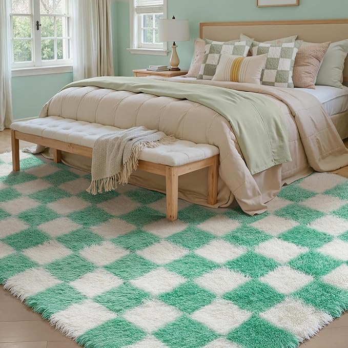 Area Rugs 8x10 Clearance for Living Room, Shag Green Rug Washable Non-Slip Large Rug Super Soft Indoor Fuzzy Carpet Fluffy Rugs for Bedroom Home Aesthetic Decor