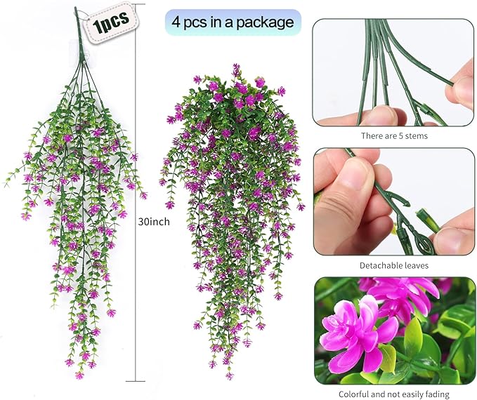 SJL Faux Hanging Plant 4 Pack Hanging Vines Plants Indoor Realistic Artificial Fake Small Hang Plant Leaves Faux Outdoor Plants Plastic Flowers Stem Decor for Wall Room Party (Fuchsia)