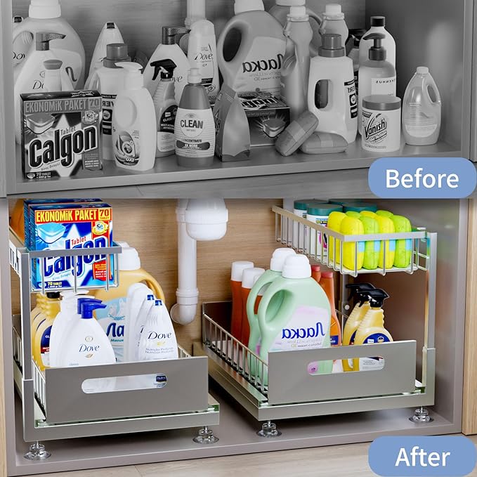 Under Sink Organizer Storage 2-Tier Premium Metal Pull-Out Racks, Height Adjustable, Easy Installation | Kitchen & Bathroom Organizers Pack of 1