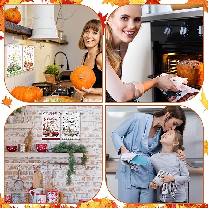12 Pcs Seasonal Kitchen Towels Set for All Holidays Hand Dish Tea Towels Fall Halloween Christmas Cute Drying Dishcloths Decorative Absorbent Wash Cloths(Truck Style)