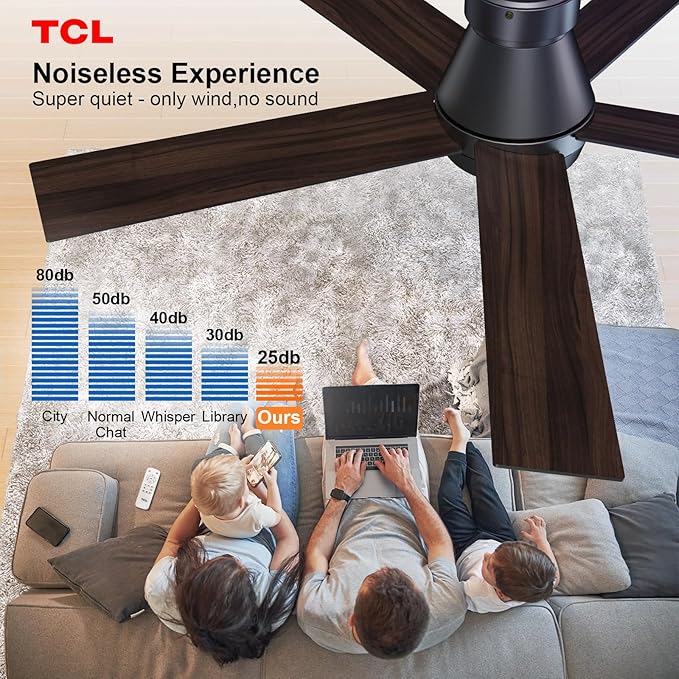 TCL 52" Ceiling Fan with Lights, Black Flush Mount Ceiling Fans with Remote Control, 6 Speeds DC Reversible, Dimmable, Noiseless, Low Profile Ceiling Fans for Bedroom