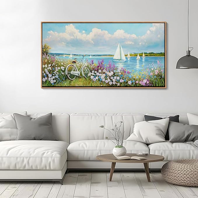 Pogusmavi Coastal Sailboat Wall Art Beach Pictures Landscape Flower Farmhouse Blue Paintings for Living Room Bedroom Decor Large Canvas Artwork Framed Prints Coastal Wall Art Prints20×40IN