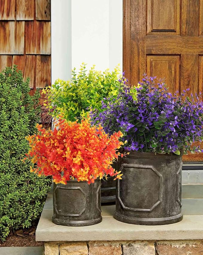 RECUTMS Artificial Fake Outdoor Plants Flowers for Spring Decoration, Faux Plastic Plants Outdoor Flower UV Resistant Realistic for Home Outside Planter Window Porch Patio Garden(Purple Eucalyptus)