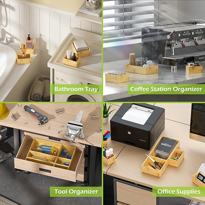 Bathroom Drawer Organizer Trays, Bamboo Silverware Drawer Organizer Kitchen Utensils, 8 PCS Wood Box Stackable Bins for Makeup, Office Desk, Vanity, Junk Drawer