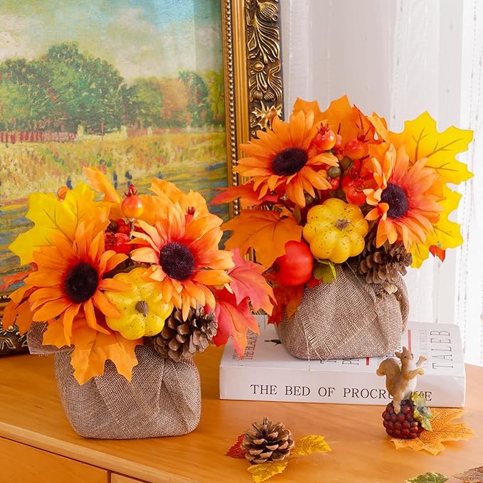 Waipfaru Fall Decor, Fall Decorations for Home，2Pcs Artificial Fall Flowers with Burlap Base, Fall Leaves Sunflower Decor Fall Leaves, Thanksgiving Decorations, Fall Centerpieces for Tables