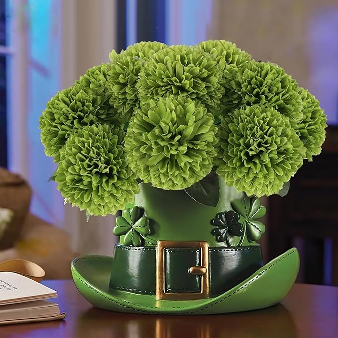 Hananona 12 Pcs Artificial Chrysanthemums Flowers Ball Flower, Fake Mums Flowers Green Silk Flowers for Home Decor Indoor Floral Arrangement St Patricks Day Table Centerpiece (12, Green)