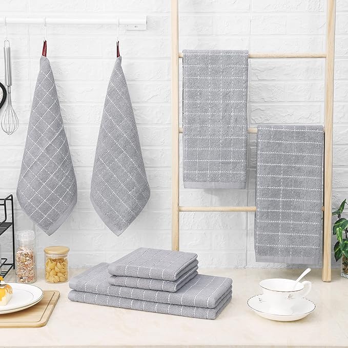 Homaxy 100% Cotton Terry Kitchen Towels(Light Grey, 13 x 28 inches), Checkered Designed, Soft and Super Absorbent Dish Towels, 12 Pack