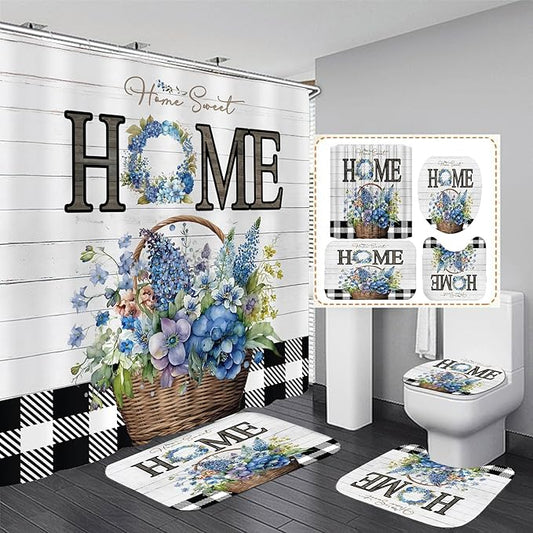 FZDHHY Blue Flower Shower Curtain Set Home Sweet Home Bathroom Sets Rustic Shower Curtain with Rugs,Bathroom Shower Curtain Set with Carpet Bath Mat Toilet Rugs