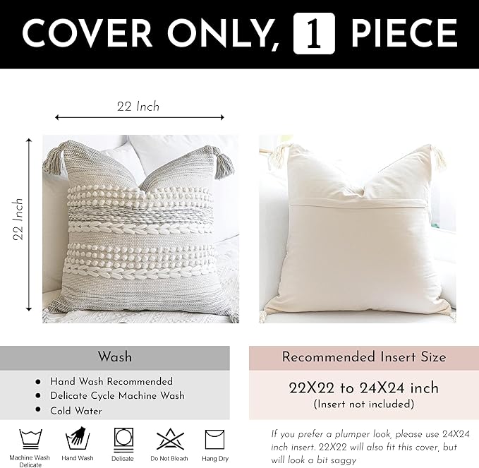 Gray Decorative Throw Pillow Cover 22X22, Boho Accent Pillow for Couch, Square Modern Farmhouse Pillowcase for Living Room Couch Sofa Cushion Home Décor (Pack of 1)