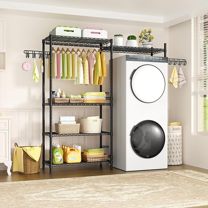 Ulif U5 Over the Washer and Dryer Storage Shelf, Laundry Room Space Saver Bathroom Storage and Organizer Rack for Hanging Towels and Drying Clothes with 5 Wire Shelves, 58.2"W x 13.4"D x 77.5"H, Black