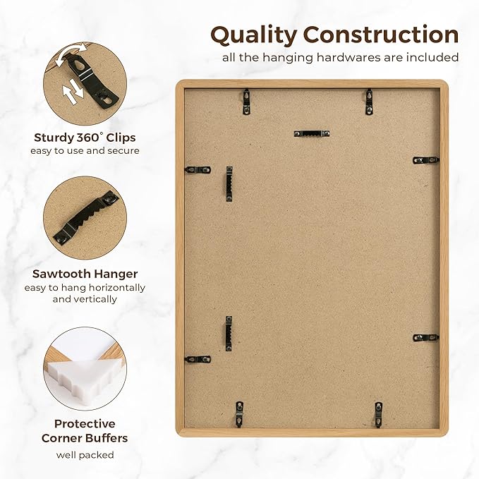 Solid Oak Wood 12x16 Picture Frame, Farmhouse 12 x 16 Wooden Frames, 12x16 Frame Matted to 8.5x11, Tempered Real Glass, 12"x16" Frames Minimalist Art Frame for Home Deocr, Natural Oak Color, 1 Pack