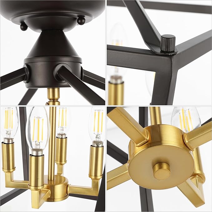 JONATHAN Y JYL7610G Plains Mini Lantern 12" 4-Light Iron Modern Farmhouse LED Flush Mount, Office, Living Room, Family Room, Dining Room, Bedroom, Hallway, Foyer, Oil Rubbed Bronze/Brass Gold