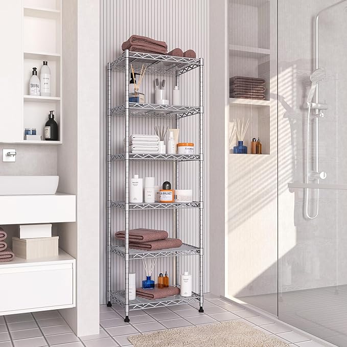 GIOTORENT 6-Tier Storage Shelves Standing Shelving Metal Units, Adjustable Height Wire Shelf Display Rack for Pantry Laundry Bathroom Kitchen 16.6” x 11.8” x 63”, Silver