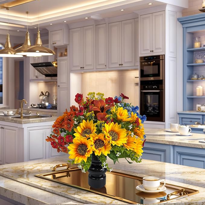 Fake Flowers with Vase, Sunflowers Artificial Flowers, Faux Flowers in Vase for Centerpiece Table Decorations, Fall Fake Plant Silk floral arrangements for Home Coffee Kitchen Dining Table Decor