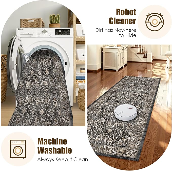 Washable Area Rug 2'6'' x 8' Vintage Traditional Persian Mat - Foldable Distressed Non-Slip Machine Washable Carpet for Living Room Bedroom Kitchen Home Decor - Ebony and Taupe