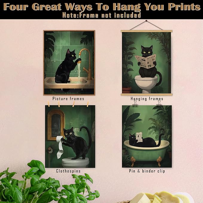 FITIE Funny Black Cat Bathroom Wall Art Prints Set of 4, Funny Black Cat Reading on Toilet Bathtub Wall Art Posters for Bathroom Washroom Restroom Decor, 8x10 Unframed