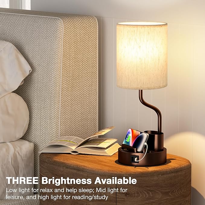 Bedside Table Lamps for Bedroom Set of 2 - Nightstand Lamp with AC Outlet Charging Port and USB A C, 3 Color Temperatures, Included Phone Holder & Pen Holder, Brown Night Stand Lamps for Guest Room