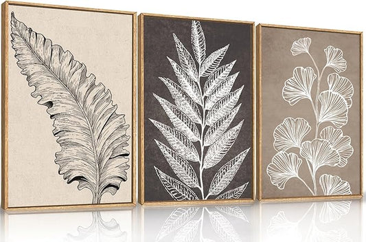 HOURIA Beige Brown Botanical Leaf Framed Canvas Wall Art Set,Modern Natural Leaves Wall Decor,Vintage Minimalist Floral Artwork,Black and White Plant Art Print for Living Room,Bedroom,Office-16"x24"x3