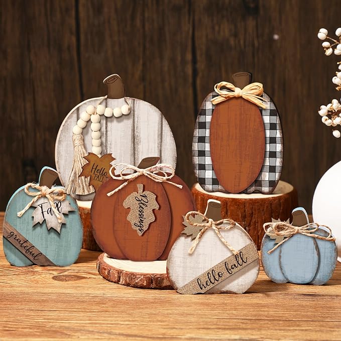 6 Pcs Fall Decorations Modern Rustic Pumpkin Wooden Sign Autumn Farmhouse Pumpkin Block Table Centerpiece Grateful Blessing Tiered Tray Decor for Fall Thanksgiving Home Office Desk Decor