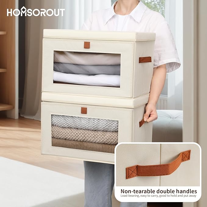 Collapsible Storage Bins - Large Closet Organizer with Handles & Window, Decorative Storage Boxes, Fabric Containers for Living Room, Dorm, 4 Pack, Beige