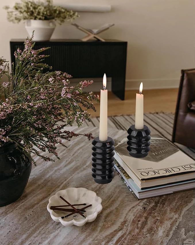 HofferRuffer Marble Candlestick Holders, Set of 2 Natural Stone Candle Holder Decorative Candle Stands for Wedding, Dinning, Party, Table Centerpieces, Fits 3/4'' Thick Candles (MarbleBlack)