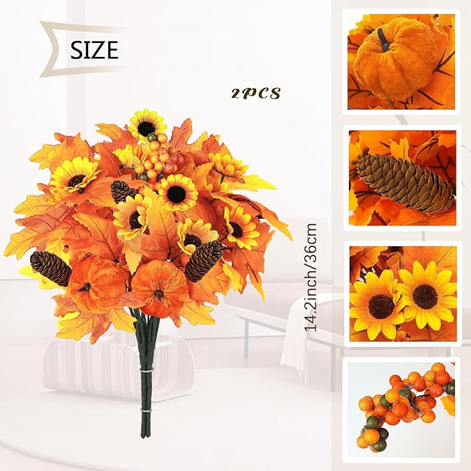 Artmag 2PCS Fall Artificial Flowers Decoration Maple Leaf Stem Pumpkin Branch Sunflower and Berries for Fall Thanksgiving Home Kitchen Festival Decoration (Brown)
