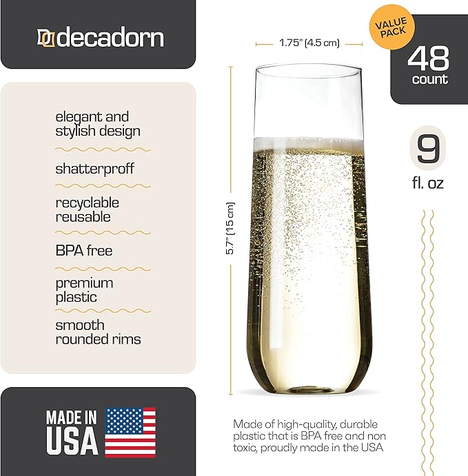 Clear Stemless Champagne Flutes Plastic 48 Pack - 9oz Plastic Champagne Glasses - Durable and Sturdy Mimosa Glasses For Parties - Shatterproof, Recyclable, BPA-Free, Smooth Rims.