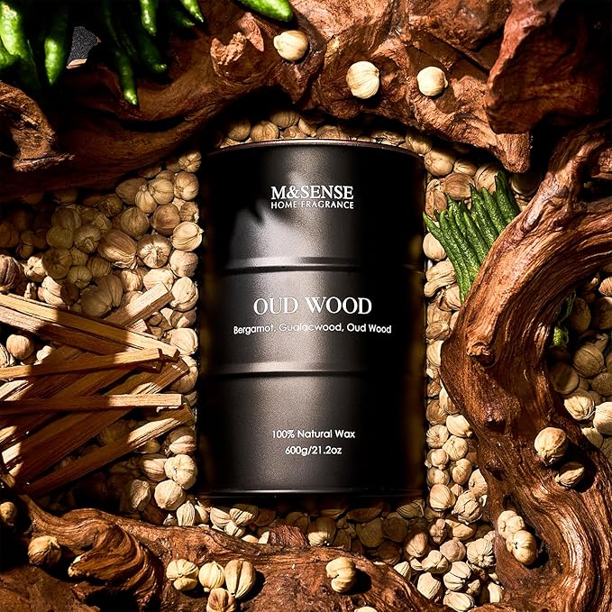 M&SENSE Oud Wood Large Scented Candles Natural Soy Wax, 21.2oz Long Lasting Up to 120 Hours Burning Time, Unique Candle Gifts for Men Women