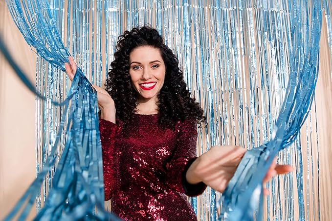 Light Blue Foil Fringe Curtains Party Decorations, Melsan 3.2 x 8 ft Foil Curtains Tinsel Backdrop for Ocean, Baby Shark, Frozen Theme Birthday Decorations - Pack of 2