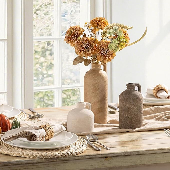 Ceramic Vase Home Table Decor - Flower Vase Set of 3 Living Room Kitchen Decorations Farmhouse Modern Rustic Vases Decorative Centerpiece for Shelf Bedroom Office Bathroom Dining Coffee Desk