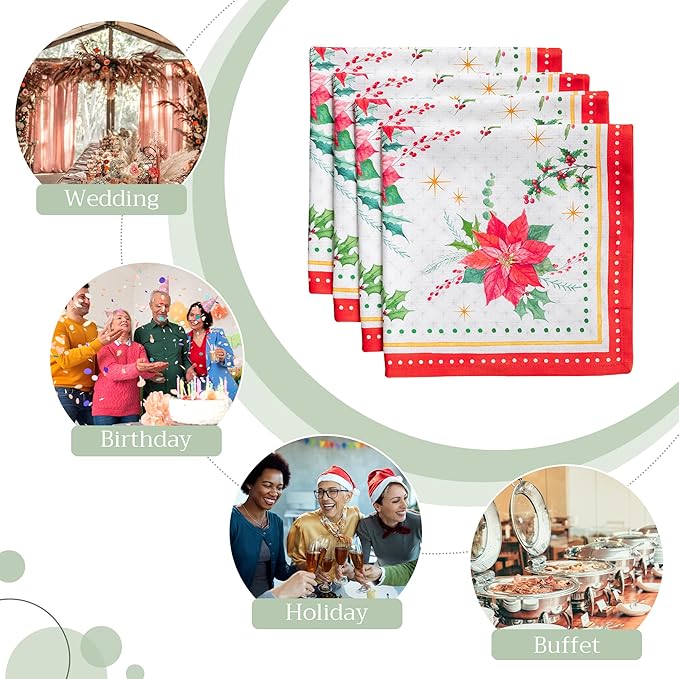 Maison d' Hermine Cloth Napkins Set of 4 100% Cotton Everyday Reusable Square Napkins Cloth Washable, Dinner, Party, Wedding, Restaurant (Poinsettia Christmas, 20" x 20")