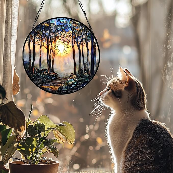 Stained Glass Window Hanging, Forest Sunrise Smoke Blue Brown Tree Suncatcher for Doors Window Home Landscape Sun Catchers Decor Mother's Day Birthday Gifts for Women, Men Mom 15 in