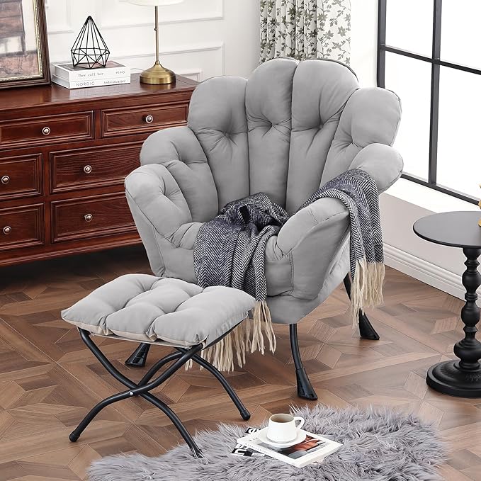 Lazy Chair with Ottoman, Modern Floral Reading Chair with Folding Footrest, Lounge Accent Chairs, Comfortable Oversized Armchairs for Bedroom, Living Room, Courtyard, Light Grey
