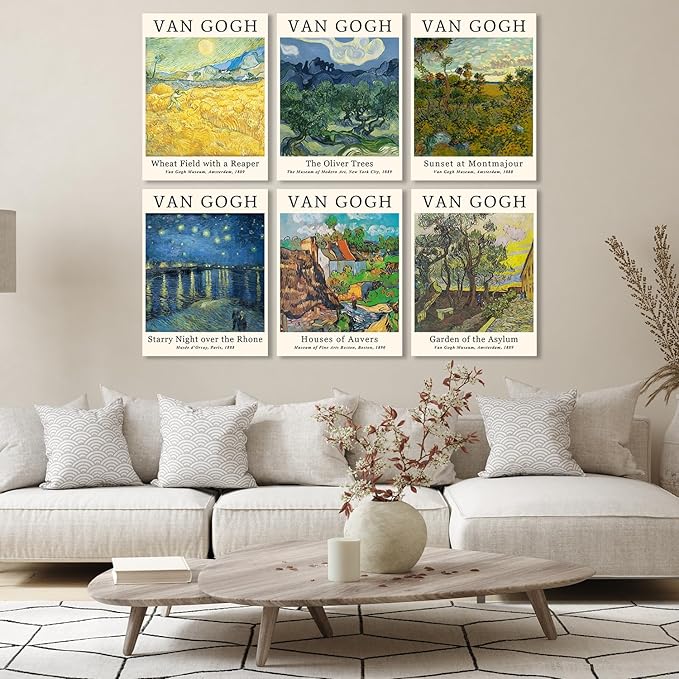 COSCTOR Set of 6 Vincent Van Gogh Wall Art Decor Canvas Vintage Retro Famous Artist Colorful Posters and Prints for Living Room Bathroom Bedroom Hallway Kitchen (Framed, 9x12)