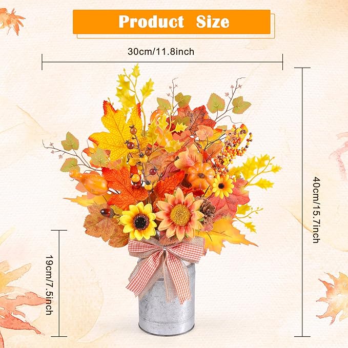 15.7" H Fall Table Decor Centerpiece Rustic Metal Vase with Artificial Pumpkin Pinecone Sunflower Berry Maple Leaf Autumn Harvest Floral Arrangement Decoration for Home Kitchen Autumn Thanksgiving