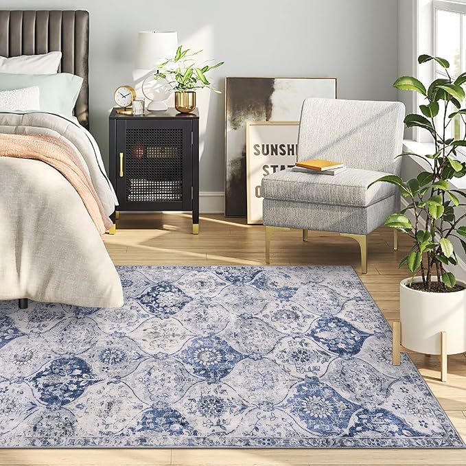 Lahome Moroccan Trellis Washable Small Area Rug, 3x5 Area Rug for Bedroom Living Room, Non-Slip Oriental Accent Throw Carpet for Kitchen Office Entryway Bathroom Office, White/Royal Blue