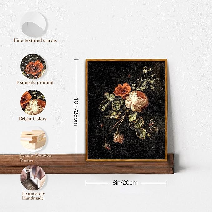 crmotu Floral Framed Wall Art, Flower Vintage Botanical Prints, Moody Rose Butterfly Canvas Pictures, Dark Academia Mid Century Modern Home Wall Decor for Bedroom Kitchen Office Desktop 8x10in