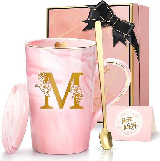 Coffee Mugs - Birthday Gifts for Women, Personalized Initial Customized Mug 14 Oz PinkTea Cup with Lid Spoon Greeting Card, Luxury Gift-Boxed Christmas Gift for Her Wife Mom Grandma Friend Unique,M