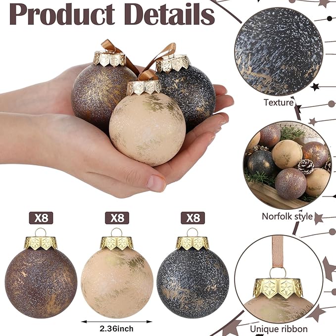 24 Pcs Neutral Textured Christmas Ball Ornaments 2.36'' Vintage Christmas Tree Decor Modern Rustic Brown Ornaments with Loop Shatterproof Hanging Ball for Xmas Farmhouse Decor (Vintage Copper)