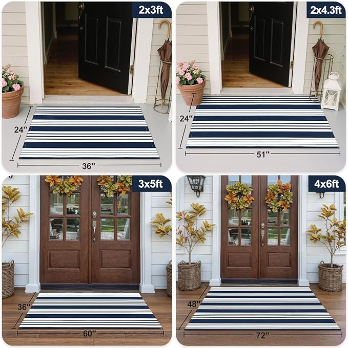 OJIA Washable Area Rugs 4'x6', Cotton Woven Indoor Outdoor Rugs Striped Patio Rugs Entryway Rug Carpet Large Area Rugs for Bedroom/Porch/Deck/Backyard/Camping/Living Room