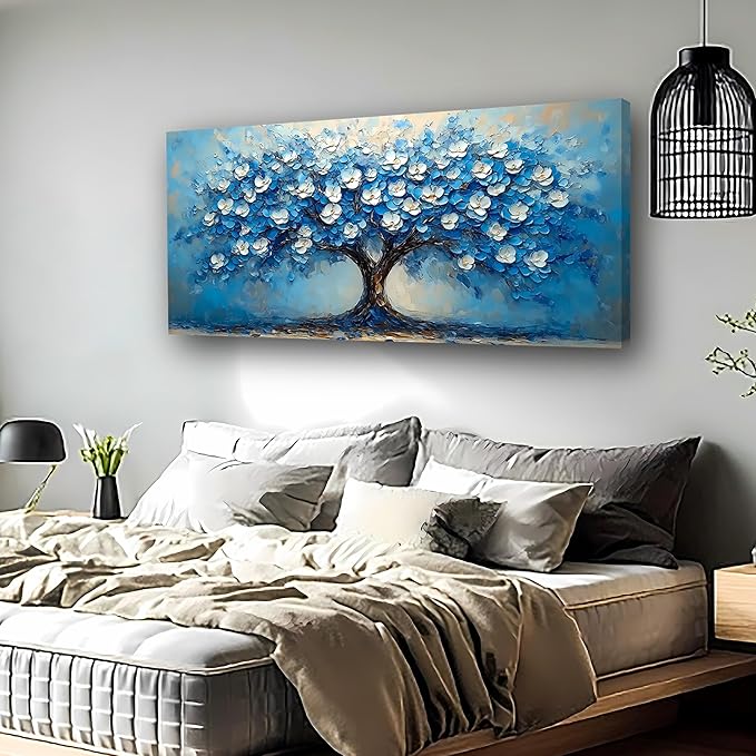 Abstract Wall Art Canvas Print Tree of Life Painting Blue Bathroom Decor Paintings Modern Style Living Room Bedroom Office Home Kitchen Decor Nature Landscape Artwork Wooden Frame 20x40 inches
