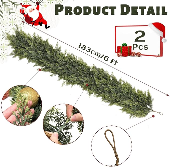 LVZHIYUAN 2 Pcs 6FT Christmas Garland, Christmas Decorations, Real Touch Cedar Garland, Artificial Cypress Garlands for Mantle Fireplace Table Door Wall Upstairs Indoor Outdoor Holiday Xmas Decor