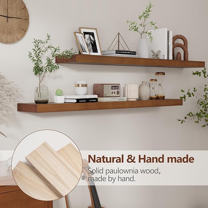 Rustic Floating Shelves, 48 Inch Floating Shelf Set of 2, Solid Wood Wall Mounted Shelves Dark Wood Shelves for Bedroom Bathroom Living Room - Dark Walnut