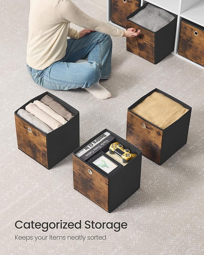 SONGMICS Storage Cubes, Set of 8 Storage Bins, Foldable Fabric Storage Boxes, 10.2 x 10.2 x 11 Inches, Fit Cube Storage Unit, for Clothes, Bedroom, Living Room, Rustic Brown and Ink Black URFB826B01