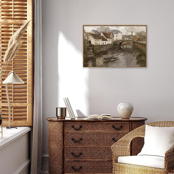 KBKBART Vintage Wall Art, Retro European Village Country Framed Canvas Art Prints Painting Farmhouse Decor, Rustic Impressionism Scenic Landscape Wall Decor for Bathroom, Bedroom Living Room, Vintage Wall Decor(16"x24")