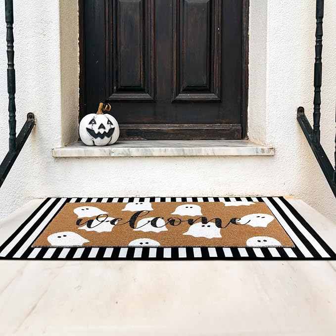 2 Pcs Halloween Welcome Door Mat Ghost Outdoor Welcome Mats for Front Door Non Slip Cute Ghost Coir Floor Mat Black White Stripe Halloween Rug for Outside Front Porch Entryway Decor